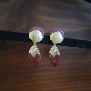 Post earrings gold tone with red painted metal Rhinestone ethnic cultural